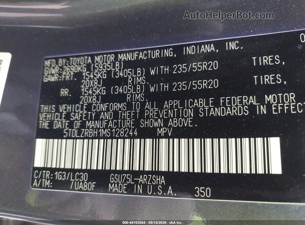 5TDLZRBH1MS128244 2021 TOYOTA HIGHLANDER Gray Engine compartment view