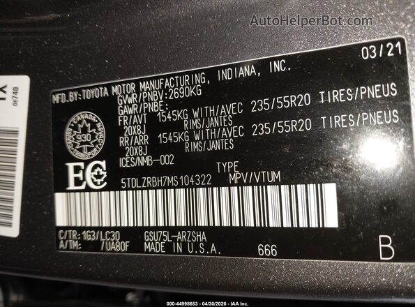 5TDLZRBH7MS104322 2021 TOYOTA HIGHLANDER Серый Вид подкапотного пространства