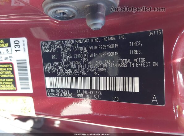 5TDXK3DC0GS729198 2016 TOYOTA SIENNA Red Շարժիչի բաժամունքի տեսք