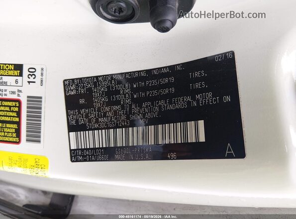 5TDXK3DC1GS712443 2016 TOYOTA SIENNA White Вид підкапотного простору