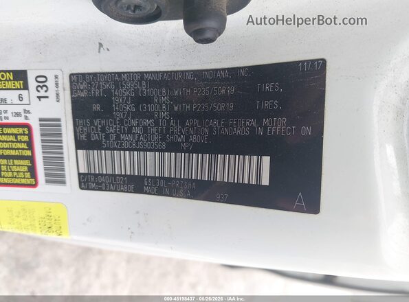 5TDXZ3DC8JS903568 2018 TOYOTA SIENNA White Engine compartment view