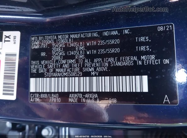 5TDYARAH2MS508529 2021 TOYOTA HIGHLANDER Синий Вид подкапотного пространства