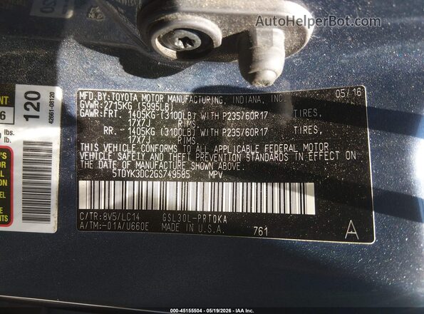 5TDYK3DC2GS749585 2016 TOYOTA SIENNA Blue 