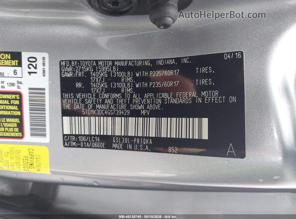 5TDYK3DC4GS739429 2016 TOYOTA SIENNA Серебряный Вид подкапотного пространства