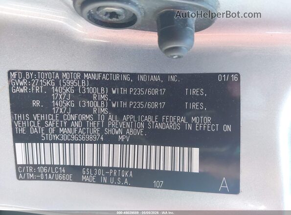 5TDYK3DC9GS698974 2016 TOYOTA LE Silver Вид підкапотного простору