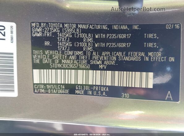 5TDYK3DC9GS716650 2016 TOYOTA SIENNA Gray Vista del compartimento del motor