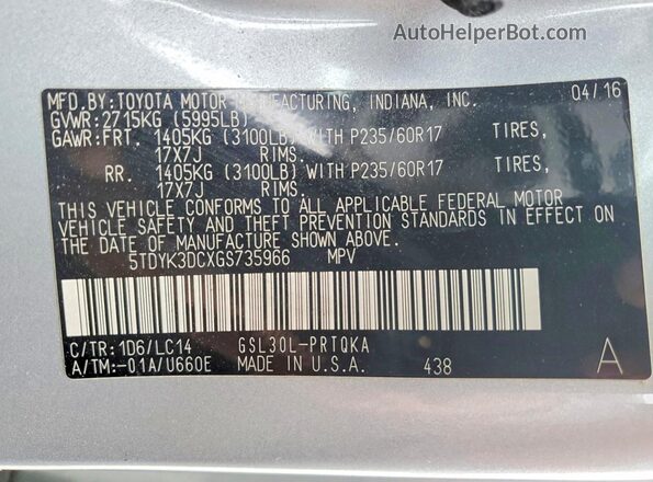 5TDYK3DCXGS735966 2016 TOYOTA SIENNA Silver VIN կոդի պիտակի տեսք