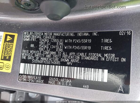 5TDYKRFH2GS140685 2016 TOYOTA HIGHLANDER Gray Вид підкапотного простору