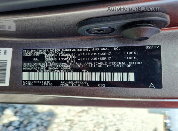 5TDYRKEC0NS106816 2022 TOYOTA SIENNA Gray Widok naklejki z numerem VIN