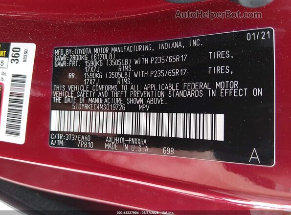 5TDYRKEC4MS019726 2021 TOYOTA SIENNA Red Widok komory silnika
