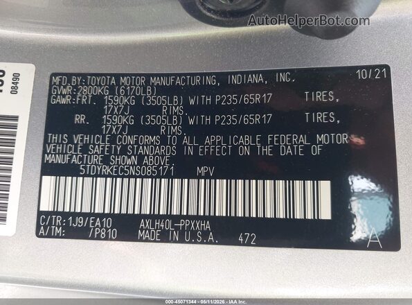5TDYRKEC5NS085171 2022 TOYOTA LE Серебряный Вид подкапотного пространства