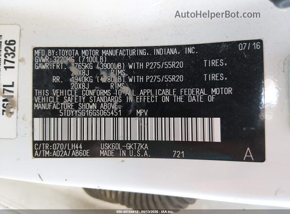 5TDYY5G16GS065451 2016 TOYOTA SEQUOIA Белый Вид подкапотного пространства