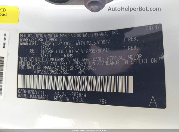 5TDYZ3DC0HS884593 2017 TOYOTA SIENNA White Widok komory silnika