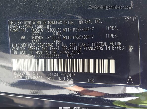5TDYZ3DC0JS909756 2018 TOYOTA LE Черный Вид подкапотного пространства