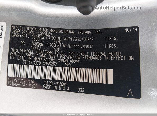 5TDYZ3DC0LS056262 2020 TOYOTA LE Silver ძრავის განყოფილების ხედი