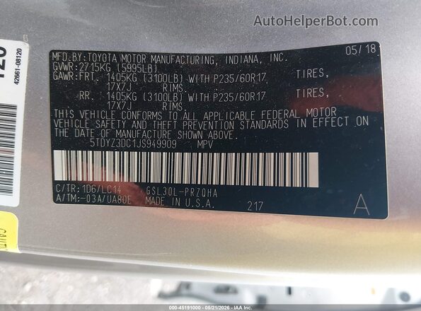 5TDYZ3DC1JS949909 2018 TOYOTA SIENNA Silver Вид підкапотного простору