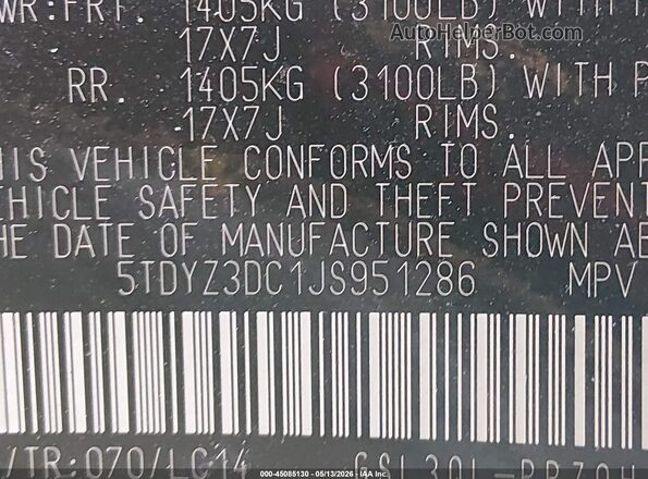 5TDYZ3DC1JS951286 2018 TOYOTA LE Белый Вид подкапотного пространства