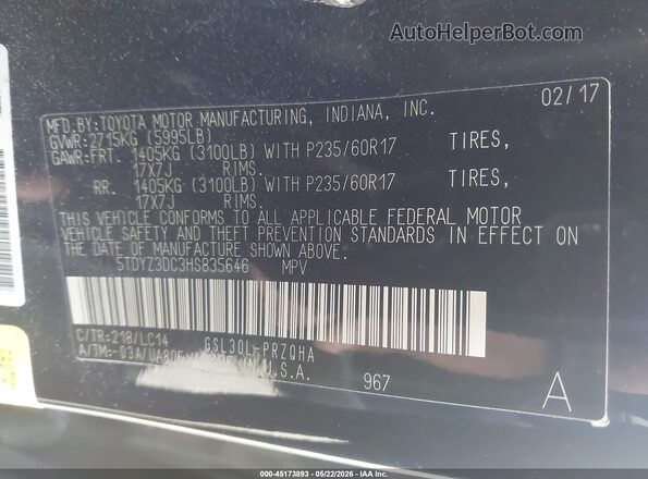 5TDYZ3DC3HS835646 2017 TOYOTA SIENNA Black Вид підкапотного простору