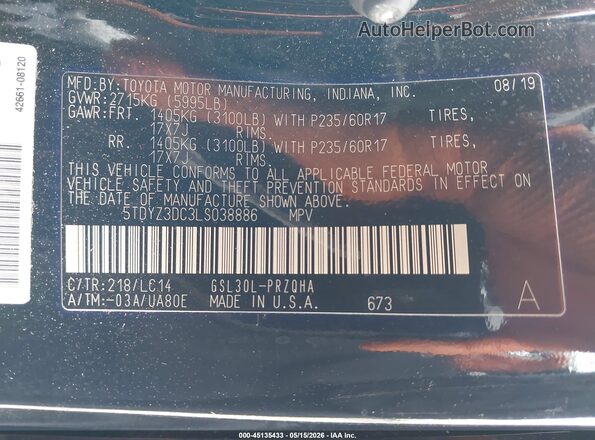 5TDYZ3DC3LS038886 2020 TOYOTA SIENNA Black Շարժիչի բաժամունքի տեսք