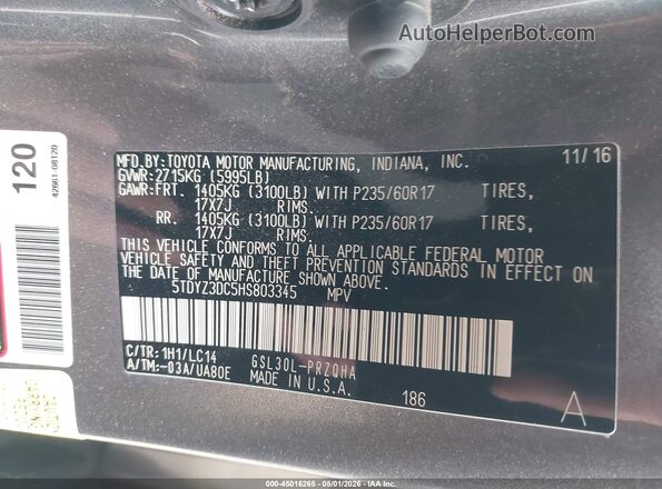 5TDYZ3DC5HS803345 2017 TOYOTA LE Gray Вид підкапотного простору