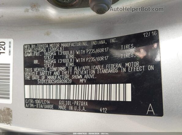 5TDYZ3DC5HS809839 2017 TOYOTA LE Silver Widok komory silnika