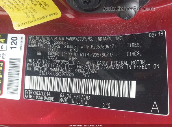 5TDYZ3DC6KS976525 2019 TOYOTA LE Red Շարժիչի բաժամունքի տեսք
