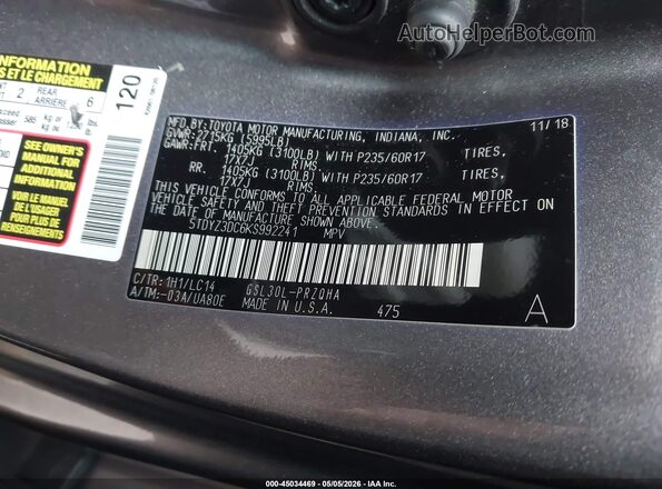 5TDYZ3DC6KS992241 2019 TOYOTA LE Серый Вид подкапотного пространства
