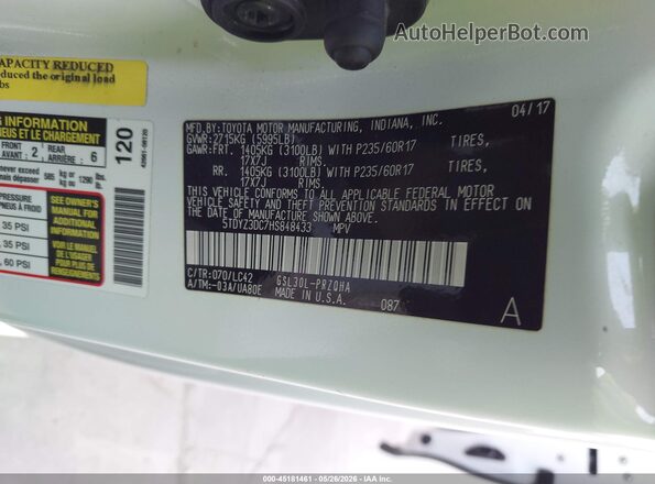 5TDYZ3DC7HS848433 2017 TOYOTA SIENNA Белый Вид подкапотного пространства