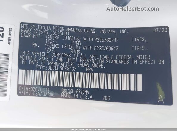 5TDYZ3DC8LS078137 2020 TOYOTA SIENNA White Вид підкапотного простору