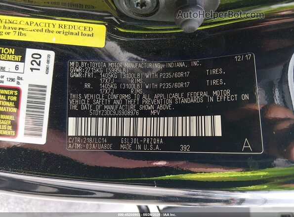 5TDYZ3DC9JS908976 2018 TOYOTA SIENNA Black Engine compartment view