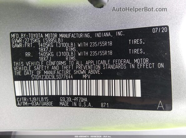5TDYZ3DC9LS077644 2020 TOYOTA LIMITED Gray Widok komory silnika