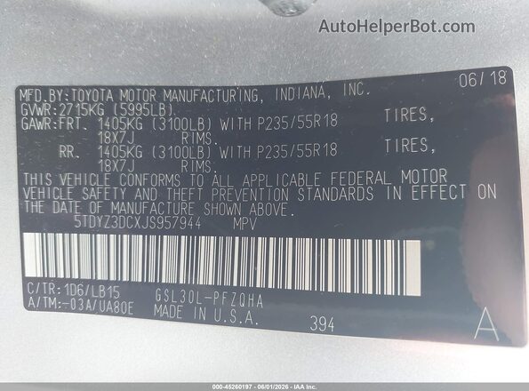 5TDYZ3DCXJS957944 2018 TOYOTA SIENNA Gray Widok komory silnika