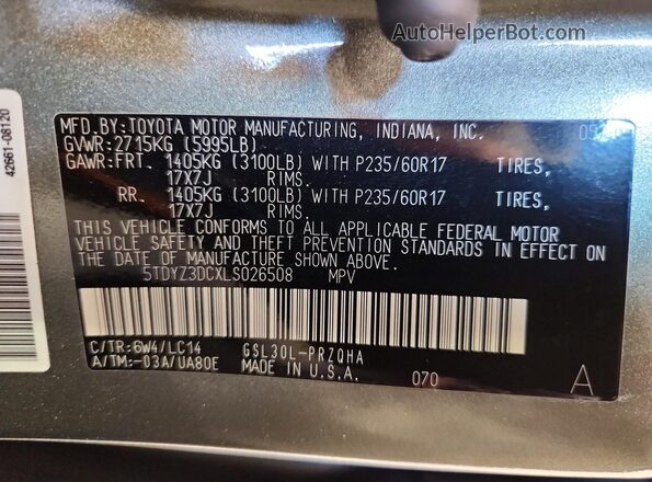 5TDYZ3DCXLS026508 2020 TOYOTA SIENNA Серый 