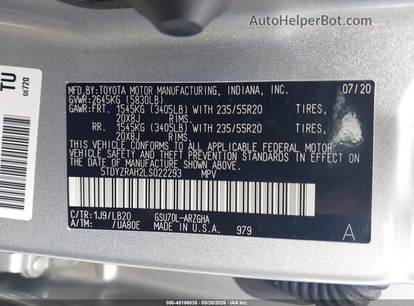 5TDYZRAH2LS022293 2020 TOYOTA HIGHLANDER Silver Vista del compartimento del motor