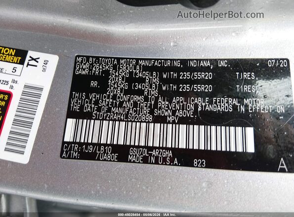 5TDYZRAH4LS020898 2020 TOYOTA LIMITED Gray 