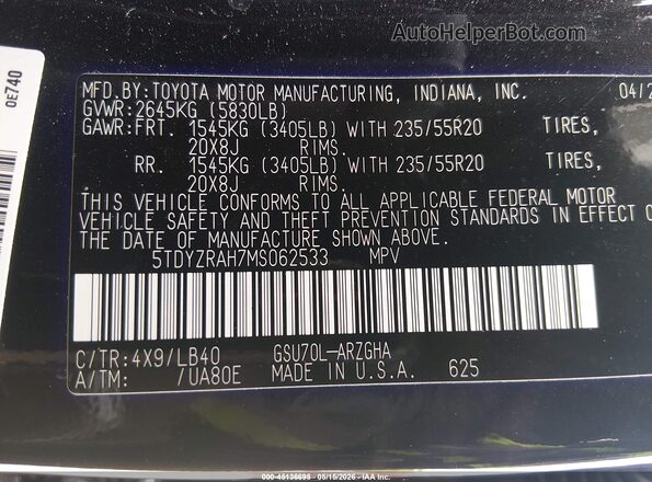 5TDYZRAH7MS062533 2021 TOYOTA HIGHLANDER Black Շարժիչի բաժամունքի տեսք