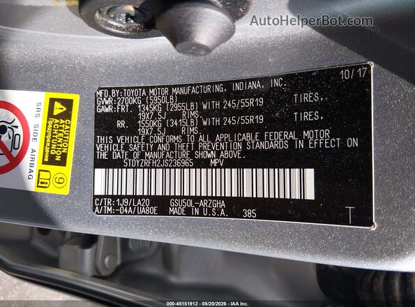 5TDYZRFH2JS236965 2018 TOYOTA HIGHLANDER Gray 