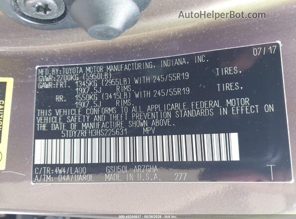 5TDYZRFH3HS225631 2017 TOYOTA HIGHLANDER Brown Вид підкапотного простору