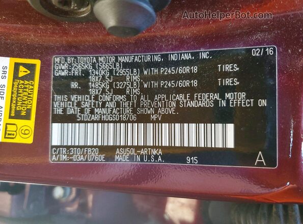 5TDZARFH0GS018706 2016 TOYOTA LE Red VIN sticker view