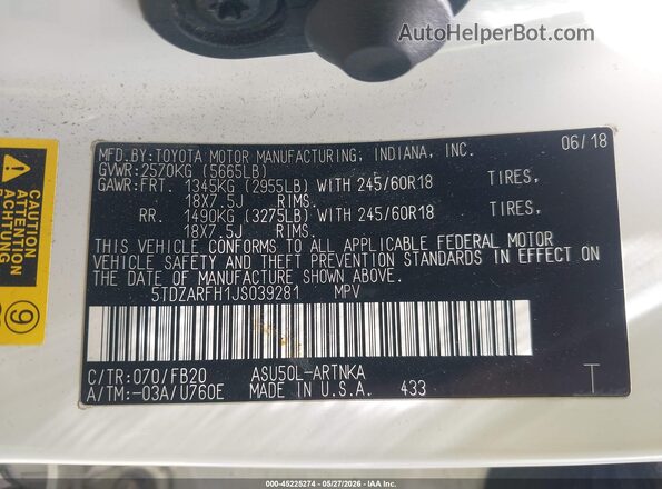 5TDZARFH1JS039281 2018 TOYOTA HIGHLANDER White Widok komory silnika
