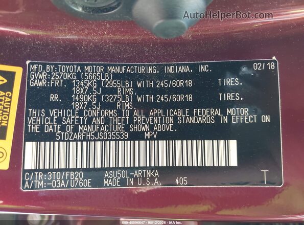 5TDZARFH5JS035539 2018 TOYOTA LE Red 