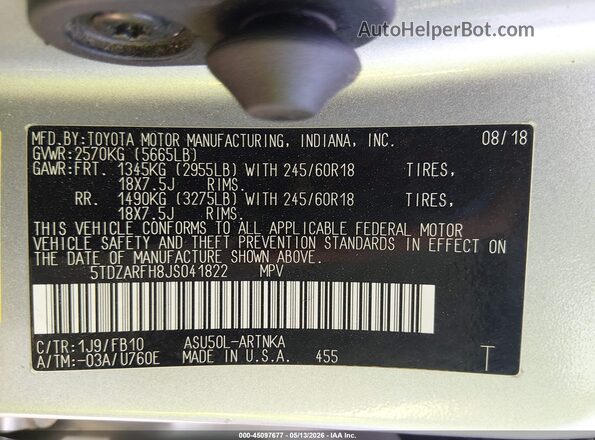 5TDZARFH8JS041822 2018 TOYOTA LE Серый Вид подкапотного пространства