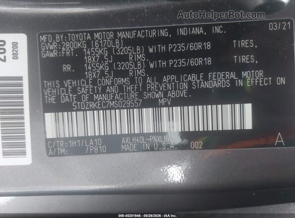 5TDZRKEC7MS029557 2021 TOYOTA SIENNA Gray ძრავის განყოფილების ხედი