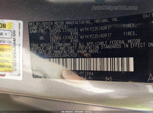 5TDZZ3DC5JS942420 2018 TOYOTA SIENNA Gray Вид підкапотного простору