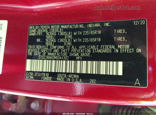 5TDZZRAH2MS044302 2021 TOYOTA HIGHLANDER Burgundy ძრავის განყოფილების ხედი