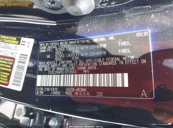 5TDZZRAH5LS012443 2020 TOYOTA HIGHLANDER Черный 