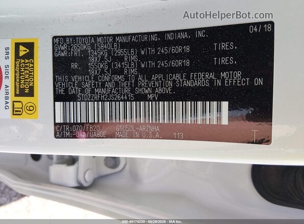 5TDZZRFH2JS264415 2018 TOYOTA HIGHLANDER White Engine compartment view