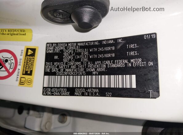 5TDZZRFH2KS313615 2019 TOYOTA LE White Engine compartment view