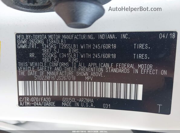 5TDZZRFH7JS267018 2018 TOYOTA HIGHLANDER White Շարժիչի բաժամունքի տեսք