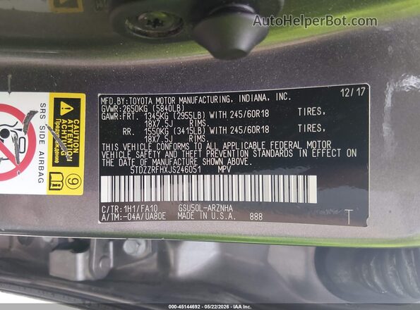5TDZZRFHXJS246051 2018 TOYOTA HIGHLANDER Gray 